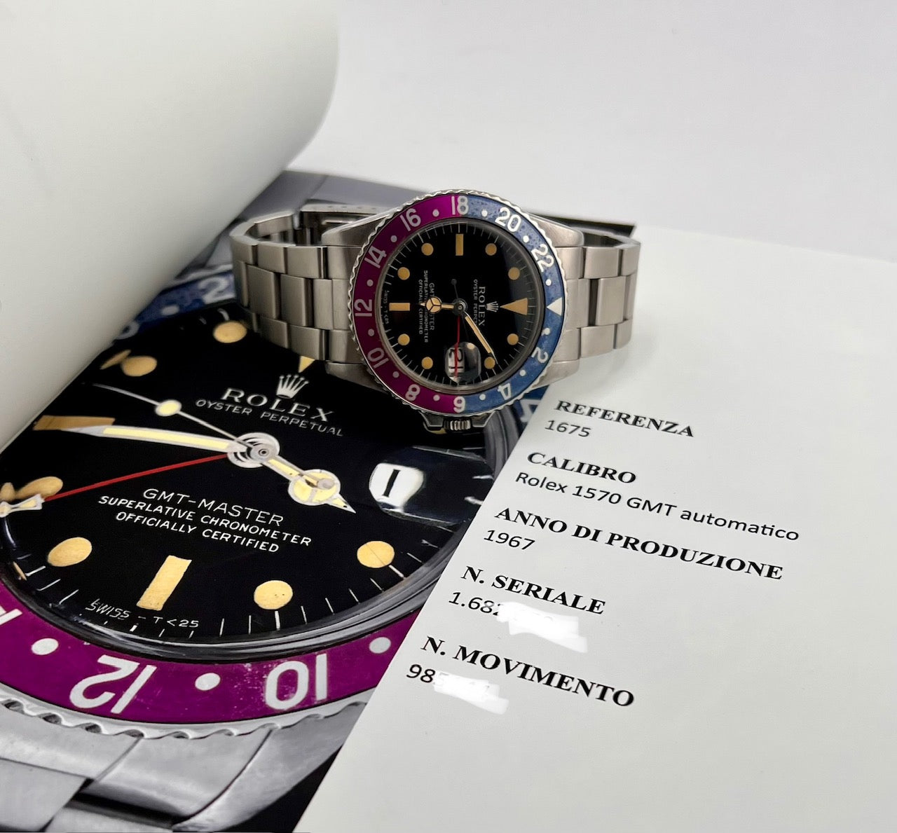 Rolex GMT-Master 1675 Gilt Dial 1967 ''Fucsia Bezel'' only watch solo orologio + Expertise