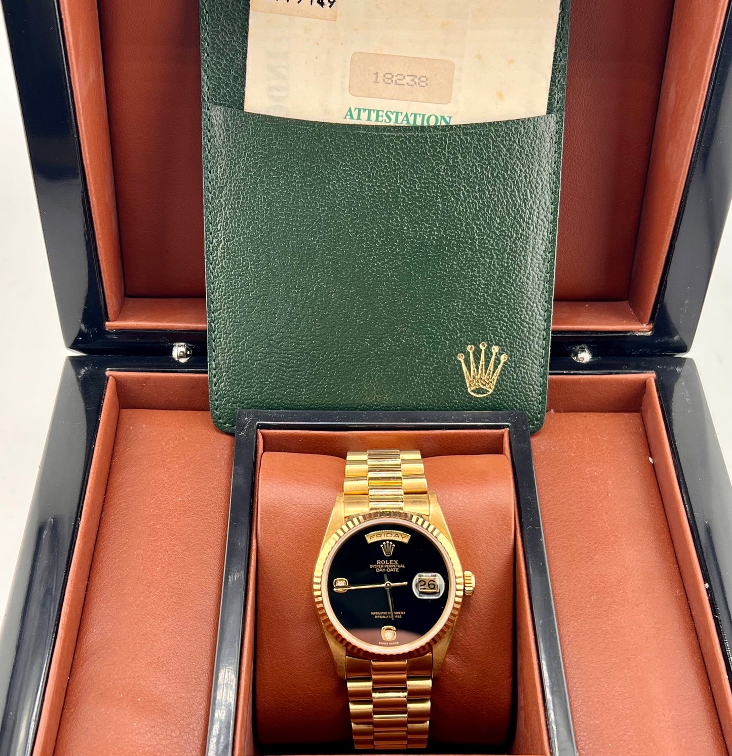 Rolex Day-Date "President" 18238 Black Dial Onyx diamond index 1994 no box rolex