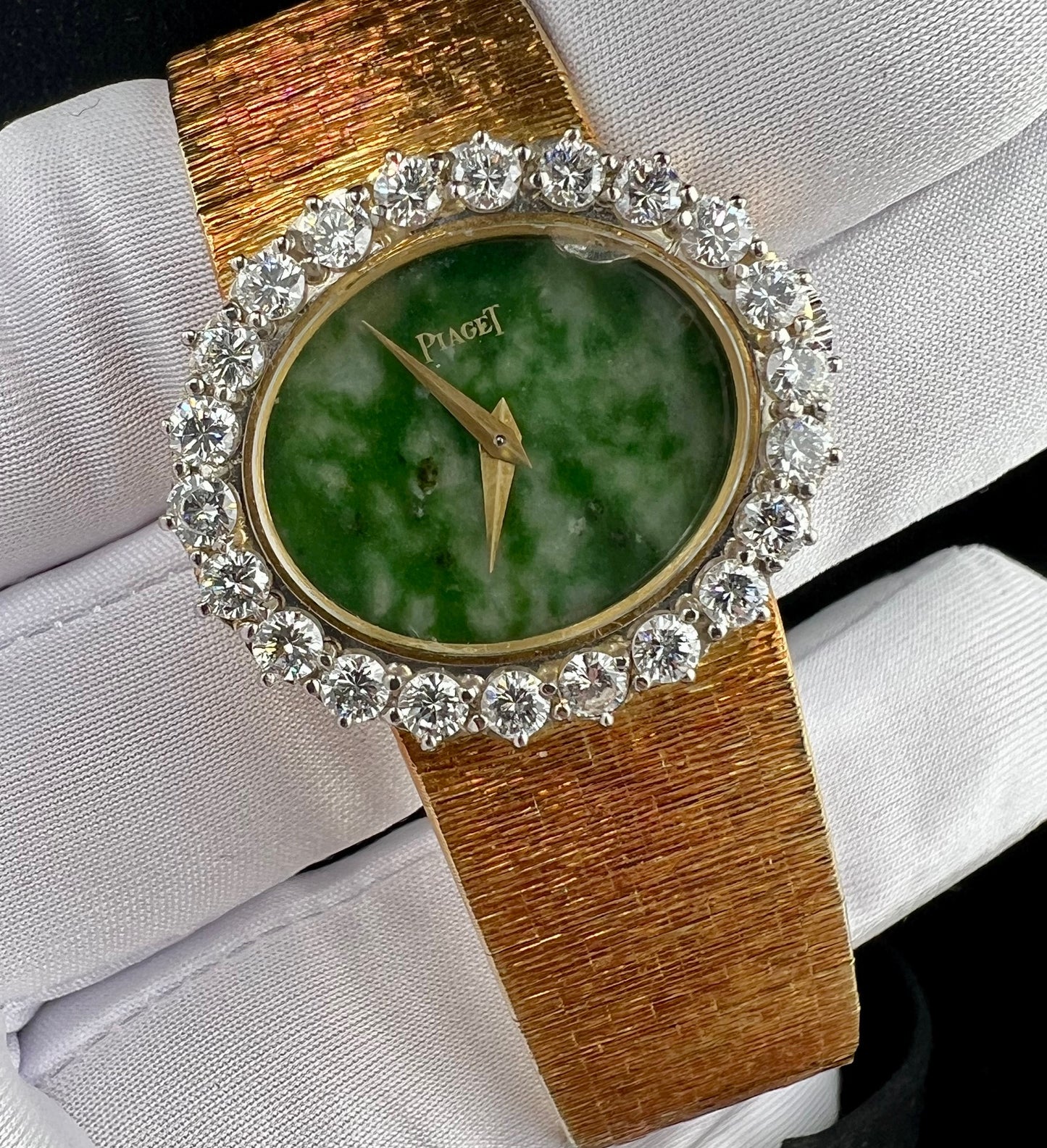 Piaget Vintage Yellow Gold Diamond Bezel Factory 28mm Stone Dial Green