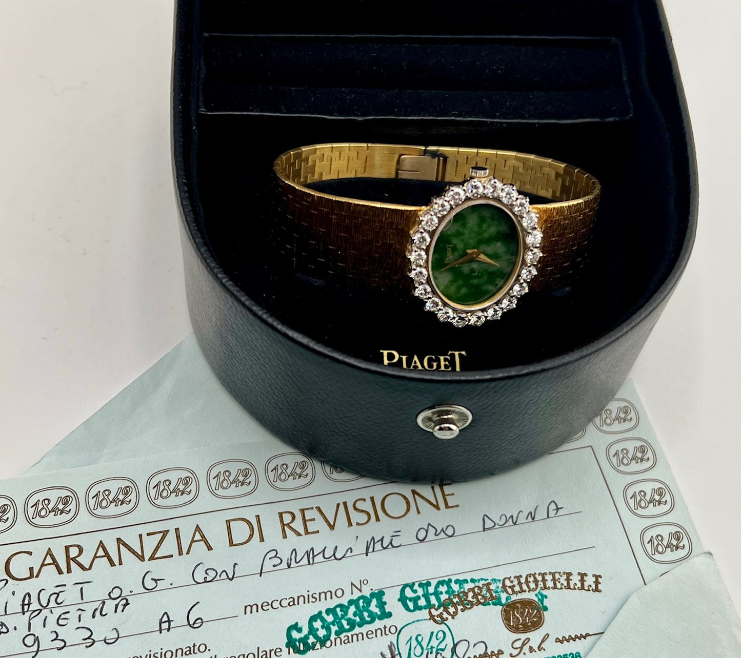 Piaget Vintage Yellow Gold Diamond Bezel Factory 28mm Stone Dial Green