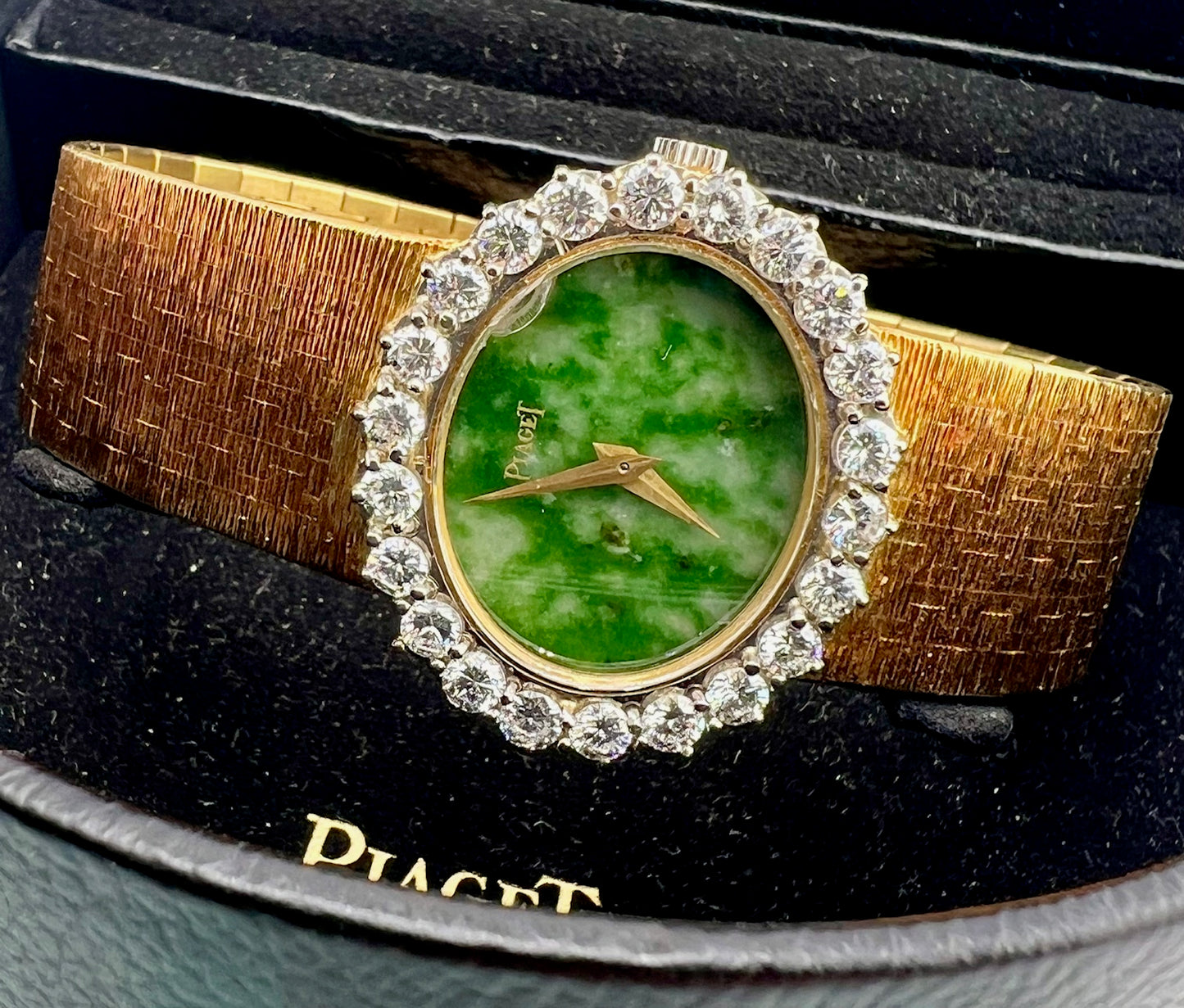 Piaget Vintage Yellow Gold Diamond Bezel Factory 28mm Stone Dial Green