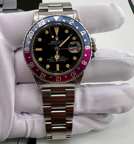 Rolex GMT-Master 1675 Gilt Dial 1967 ''Fucsia Bezel'' only watch solo orologio + Expertise