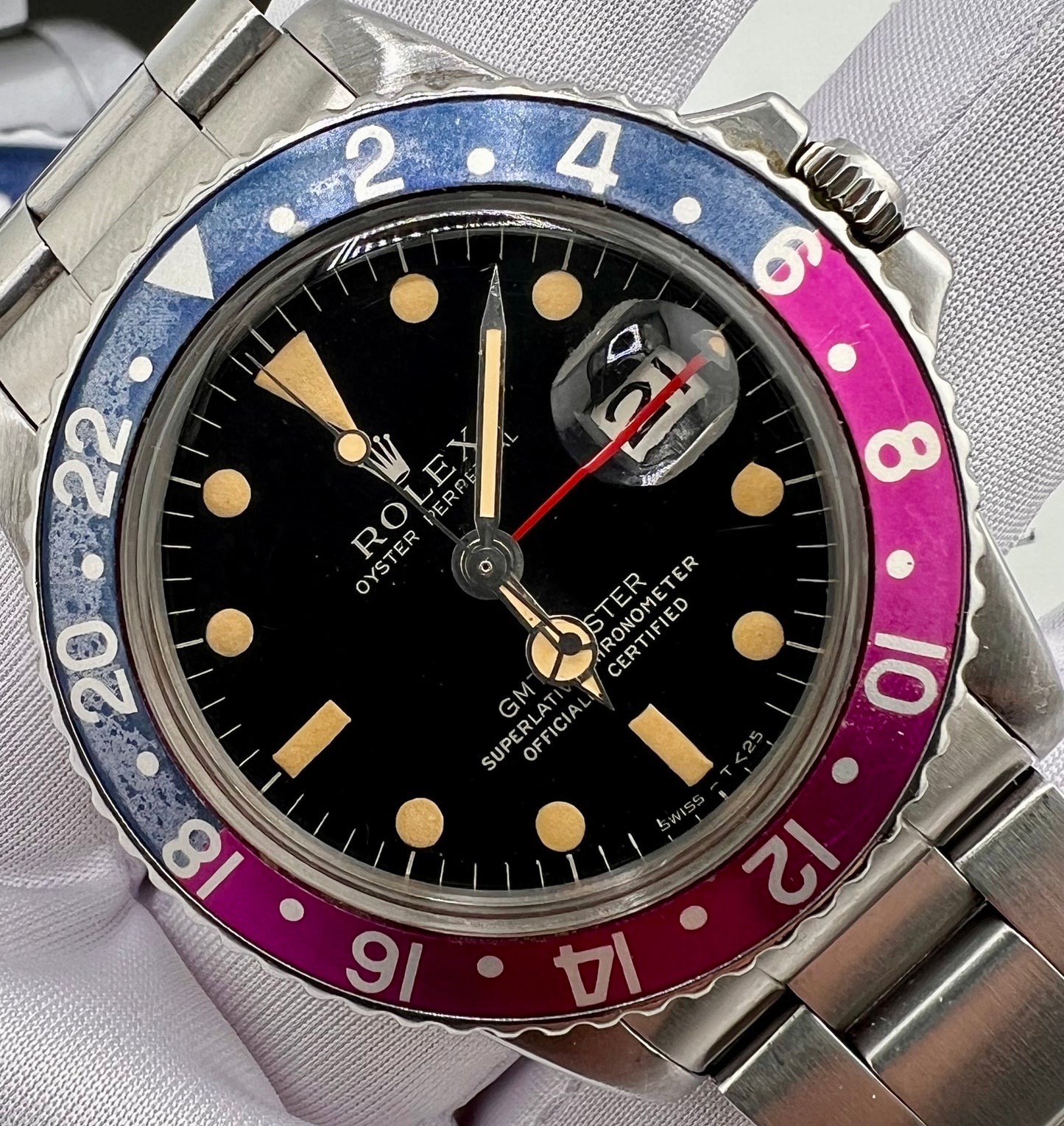 Rolex GMT-Master 1675 Gilt Dial 1967 ''Fucsia Bezel'' only watch solo orologio + Expertise
